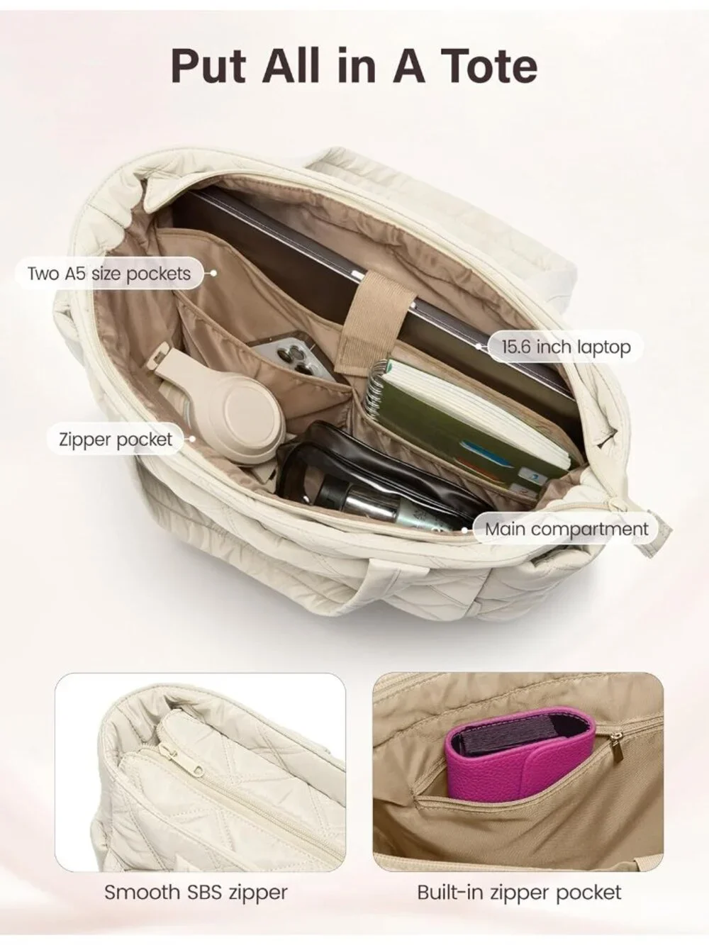 👜Women's Beige Puffer Tote Bags Lightweight Quilted Work For Travel